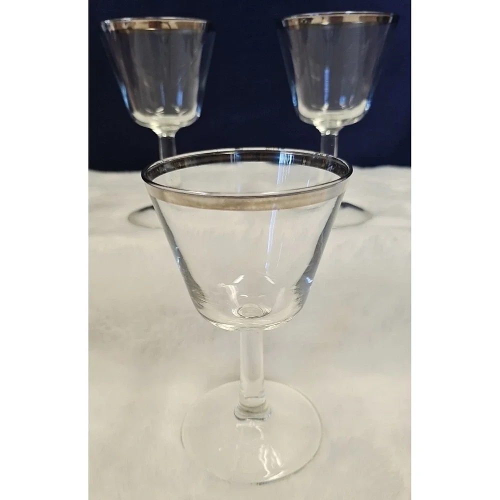 3 Made in France Wine Glasses Silver Rim Footed Stemware‎